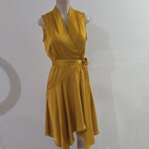 Sleeveless Mustard Wrap Dress with Tie Waist